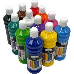Acrylic Paint Set 12 Colours 500ml Each High Quality Opaque Paint for Wood, Stone, Canvas, Paper, Fabric, Leather, Metal, Pouring. All Purpose Paints. Acrylic Base Paint Set 12 x 500 ml