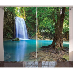 ABAKUHAUS Water Rustic Curtain, Asia Thailand Jungle Trees, Bedroom Ruffle Tape Curtain with Loops and Hooks, 280 x 225 cm, Turquoise Brown