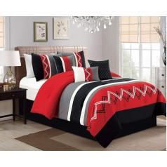 Chezmoi Collection Arden 7 Pieces Modern Pleated Stripe Embroidered Zigzag Duvet Cover Set (King Size, Red/Black/Grey/Off-White)