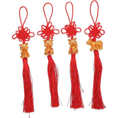 STOBAZA 4 Pieces Pendant with Tiger Tassel Feng Shui Pendant Feng Shui Pendant Hanging Chinese Knot Golden Ornaments Chinese Fu Decoration Feng Shui Lucky Coins Resin Red