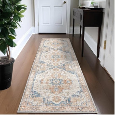 TOPICK Runner 60 x 210 cm Orange Hallway Floral Rug Washable Super Thin Foldable Vintage Flower Rug Short Pile Oriental Kitchen Rug Entrance Mat Office Carpet Runner