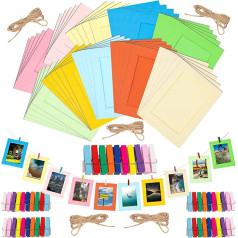Tanstic 105 Pieces 7 Inch 10 Colours Paper Picture Frames Kit with Wooden Clips and String, Cardboard Picture Frames DIY Cardboard Photo Hanging Display Paper Photo Frame Cards Gallery Frames