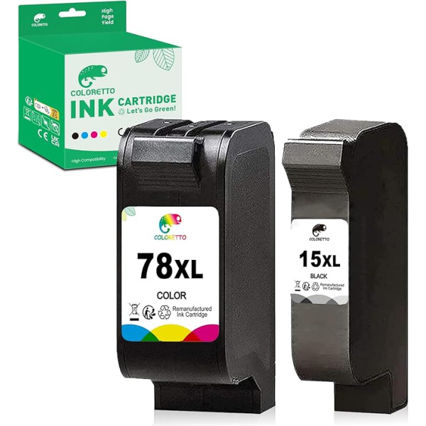 COLORETTO 15XL 78XL Remanufactured Ink Cartridge Replacement for HP 15 78 XL (1 Black, 1 Colour) for DeskJet 3810 3816 3820 3820v 3820w 3822 916c OfficeJet 1510ASL 5105 PSC 1230 70 Printer 00