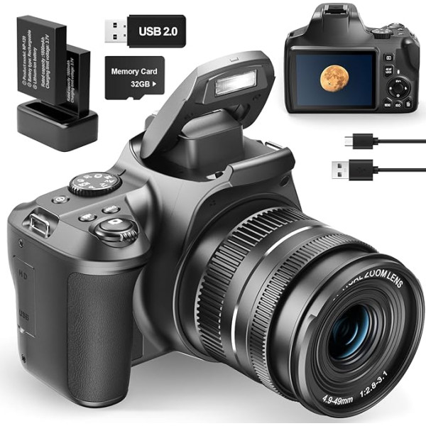 NBD 4K Digital Camera with 40X Zoom, 64MP DSLR Camera for Photography Beginners, Auto Focus 1080P HD Vlogging Camera with EIS, 32GB SD Card, 2 Batteries (Black)