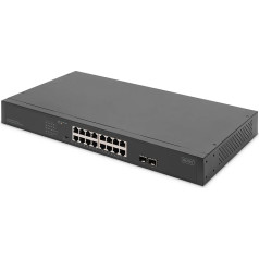 DIGITUS 19-Inch PoE Network Switch - 16-Port Gigabit + 2-Port Gigabit SFP - Unmanaged - VLAN - 250W PoE Power Budget - 10/100/1000 Mbit/s - Black