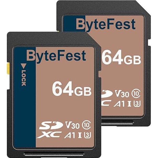 ByteFest SD Card 64GB Pack of 2 Memory Cards SDXC UHS-I Class 10, U3, V30, A1, Full HD Video, Memory Card for Camera (64GB, 2 Pack)
