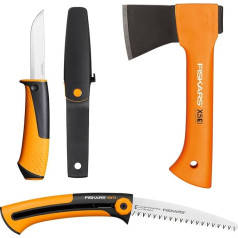 Fiskars Camping set, leisure hatchet X5-XXS 23 cm, Xtract hand saw SW73, for fresh wood, retractable, 35 cm, utility knife including holster with integrated knife sharpener, 21.5 cm, 1057912