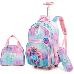 HTgroce Backpack with Wheels for Children, School Bag with Wheels for Girls Pop It Backpack 16 Inch Set 3 in 1 with Lunch Bag Nursery Fidget Toys Gifts for Children, A-pink unicorn, Fantasy