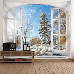 KnSam Christmas Snow Landscape Tapestry Window Trees and Snowflakes Wall Hanging Tapestry Wall Deocration Wall Towel for Bedroom Living Room Dorm Decor, 300 x 260 cm