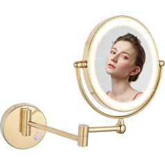 DOWRY Cosmetic Mirror with Lighting Wall Mounted Magnifying Mirror with Light 10x Gold Makeup Mirror 360° Swivelling Expandable Double-Sided Mirror with Magnification, Diameter 20 cm