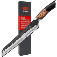 SHAN ZU Professional bread knife with serrated edge, 20 cm, made of 7 layers, high-quality stainless carbon steel, extra sharp knife blade with ergonomic maple wood handle