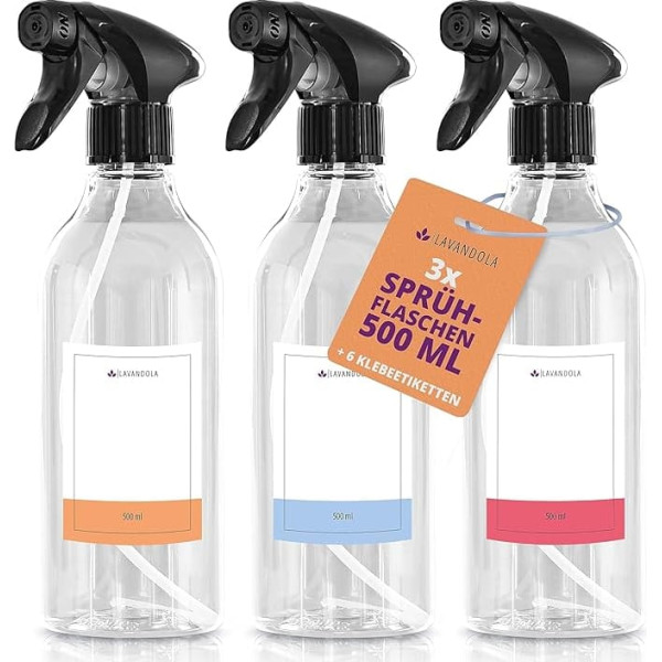 Lavandola® 3 x Spray Bottle 500 ml with Labels - Even & Fine Spray Pattern, Dense & Durable Spray Bottle Plants, Small Spray Bottle Car Care, Spray Bottle, 3 x Spray Bottles Set