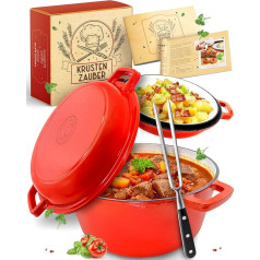 KRUSTENZAUBER Cast Iron Pot [Including Meat Fork] – High-Quality 26 cm Casserole Pot Oven-Safe – Ideal Roasting Dish with Lid, Induction Cooker, Enamel, Stewing Pot Cast Iron