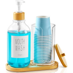 VITVITI Mouthwash Dispenser Set for Bathroom, Mouthwash Pump Bottle with Paper Cup Holder, 17 oz Refillable Clear Plastic Bamboo Mouthwash Container, Bamboo Lid Tray Label Mouthwash Dispenser