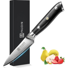 PAUDIN Damascus Knife 9cm - Paring Knife Fruit Knife - VG10 Professional Kitchen Knife with Black Ergonomic G10 Handle
