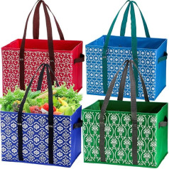WUWEOT 4 Pack Reusable Shopping Bags, Large Shopping Box, Foldable Washable Box Bag with Reinforced Base, Durable Handles for Fruit, Vegetables, Clothes, Toys and Picnic, Blue, Purple, Rose Red, Green