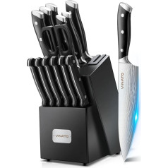 VINATO Knife Block, 14-Piece Knife Block with Sharpener, Kitchen Knife Set with Damask Look, Knife Block with Knife Sharp Professional Chef's Knife Set