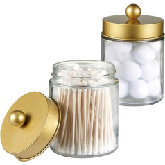 Apothecary Jars, Bathroom Storage Organiser, Countertop Storage Box, Organiser, Cute Qtip Glass Dispenser Holder with Lid, Cotton Swabs, Bath Salt, Hairband, 2 Pack (Gold)