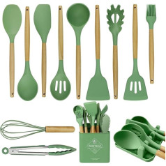 Kitchen Utensil Set, Heat Resistant, Silicone, Spatula Set with Tray, Cooking Spatula, Spatula, Heat Resistant Tool with Wooden Handle (Avocado Green) 13 Pieces