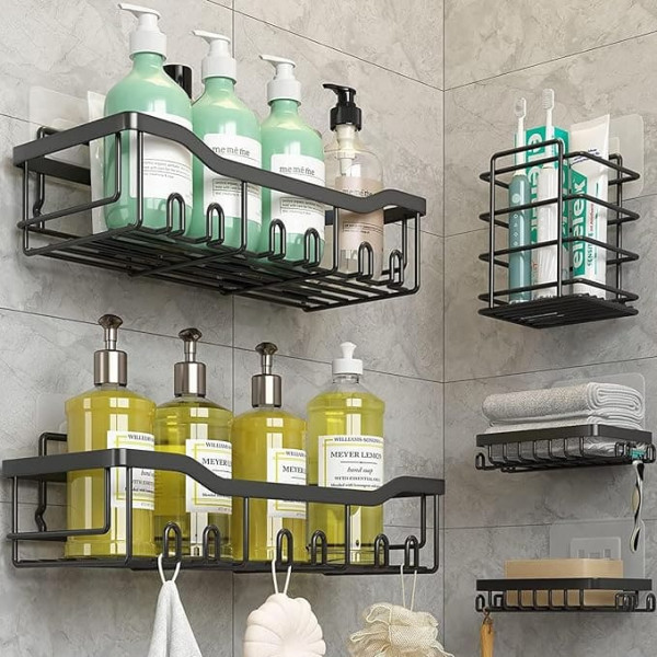 Shower Caddy, 5 Pack Corner Shelf, Bathroom Storage, Bathroom Shelf, Self-Adhesive Shower Shelf, Stainless Steel Bathroom Accessories, Bathroom Shelves Organiser, No Drilling, Shower Storage with Soap
