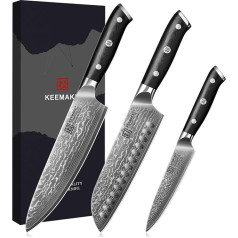 KEEMAKE Damascus Knife Set 3 Pieces - Kitchen Knife Set Made of 67 Layers Damascus Steel with Ergonomic G10 Handle, Sharp Chef's Knife, Santoku Knife and Utility Knife for Kitchen