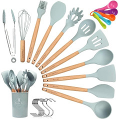 Corafei Cookware Set of 12 Kitchen Utensils, Non-stick, Heat-resistant Kitchen Utensils Set with Wooden Handles, Storage Container, Measuring Spoons Set, 10 S Hooks, Grey