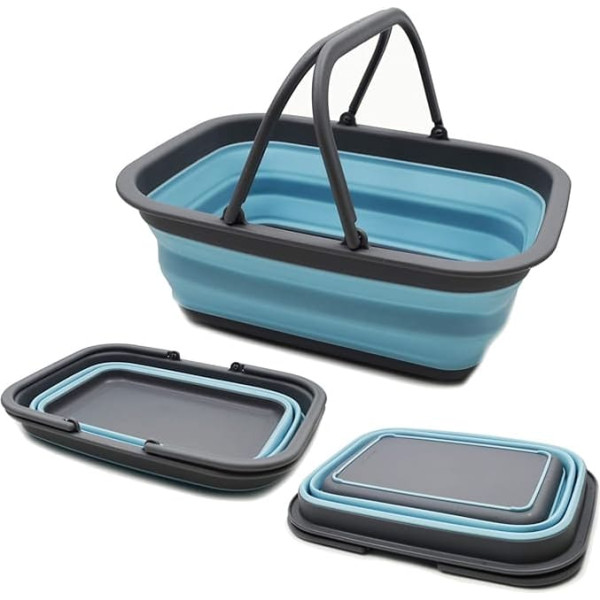 SAMMART 9.2 L Foldable Tub with Handle - Portable Outdoor Picnic Basket - Foldable Shopping Bag - Space-Saving Storage Container (Grey/Sea Angel - Grey/Sea Blue)