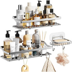 HapiRm Shower Shelf, Corner Bathroom Shelf, 3 Pack with Soap Tray and Razor Holder, Shower Basket, No Drilling, Storage, Bathroom, Kitchen Corner Shelf, with 14 Hooks, 6 Self-Adhesives, Rustproof Silver