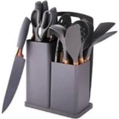 Ktchnhlprz 19-Piece Kitchen Utensil Set, Grey, Knife Set, Knife Block, Chopping Board, Kitchen Utensils, Cooking Accessories, Stainless Steel, Silicone, Space Saving Station, Starter Set for First