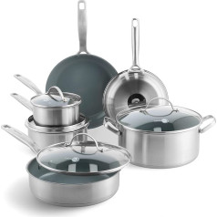 GreenPan Treviso Stainless Steel Healthy Ceramic Non-Stick Coating 10-Piece Cookware Set Including Frying Pans, Saute Pan, PFAS-Free, Induction, Oven Safe, Dishwasher Safe, Silver