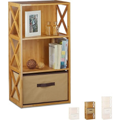 Relaxdays Bamboo Shelf with Basket, 3 Tiers, Wooden Freestanding Bathroom Rack, Folding Drawer Box, HxWxD: 80 x 42 x 29 cm, Natural Brown, 29x42x80 cm