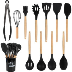 Discoball Cooking Utensils Set, 12 Pieces Silicone Kitchen Utensils Set with Wooden Handle, Non-Stick Silicone Spatula, Black Kitchen Utensils Set, Heat Resistant and Easy to Clean