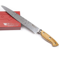 Eagle U-Grip Bread Knife 23 cm Full Damascus Steel 108 Layers / Staple Bowls Olive Wood from Southern Italy