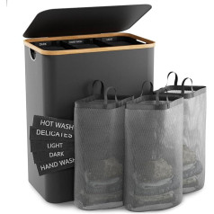 Laundry Basket with Lid, 145 L Extra Large Laundry Basket, 3 Compartments, Dirty Clothes Basket for Laundry with Removable Laundry Bags, Baskets for Bedroom, Laundry Room, Dark Grey