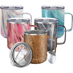 THILY Insulated Coffee Mug Stainless Steel 350ml Vacuum Insulated Coffee Cup with Handle Leakproof Lid Reusable BPA Free Keeps Coffee Cold or Hot Original Wood Grain