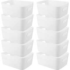 YAYODS Pack of 10 Plastic Storage Boxes, 24 x 16.3 x 9.5 cm, White Storage Organiser with Handles, Stackable Baskets, Storage for Kitchen, Bathroom, Cabinet, Office, Cosmetics