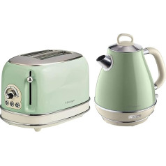 Ariete 2869 Vintage Electric Kettle Stainless Steel 1.7 Litre for Water, Tea and Herbal Teas, Automatic Shut-Off, 2000W, Pastel Beige & 155 Toaster, 18/8 Stainless Steel, Green