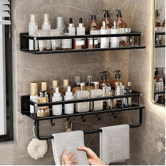 Eroshoo Pack of 2 Shower Shelves / Shower Shelves No Drilling Black Shower Holder Bathroom Shelf No Drilling with Towel Holder and 4 Hooks, Bathroom Organiser for Bathroom Kitchen Bathroom, Shower