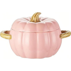 Mini Casserole Pot with Lid, 17 cm - 1.5 L Ceramic Pumpkin Soup Bowl with Spoon, for Oven, Dishwasher, Microwave, Oven, Cute Sauté Pan (Pink)
