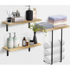 Jangostor Floating Wall Shelf with Towel Rail for Wall, Set of 3 Floating Shelves, Wall Shelf, 40 cm Floating Shelves Made of Wood for Bathroom, Bedroom, Living Room, Home Wall Decor, Rustic