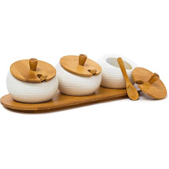 Relaxdays Jiao Jars Made of Ceramics with Bamboo Lid and Holder, Spice Storage Solution Kitchen Stand Decorative Chinese Style with Matching Spoons, Natural, Brown and White, 30.5 x 12 x 8.5 cm
