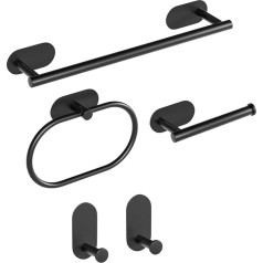 YUET SUS304 Stainless Steel Towel Holder, 40 cm, No Drilling, Toilet Paper Holder, Towel Rail, Towel Rings, Towel Hooks, Self-Adhesive Bathroom, Kitchen Accessories, Wall Mounting, Black Set of 5