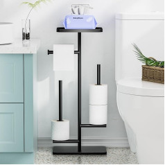 SWTYMIKI Freestanding Toilet Paper Holder, Stainless Steel Toilet Paper Holder with Shelf, Black Toilet Paper Holder, Standing, Floor-Standing Toilet Paper Holder, No Drilling, for 4 Spare Rolls