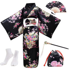 PLULON 5 Pieces Japanese Geisha Yukata Dress Blossom Satin Bathrobe with Drawstring Hand Fan Hairpin Tabi Socks Set for Women