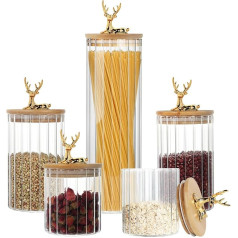 TBRFP Storage Jars with Lid, 4.6 L Glass Storage Jars with Lid, Glass Containers with Lid in the Shape of a Fawn, Set of 5 Large Kitchen Glass Containers for Spaghetti, Coffee Bean Containers