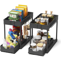 Meltrck Sink Organiser - Pack of 2 Under Sink Shelf Organiser - Extendable Storage Shelf Organiser with 16 Hooks, Black