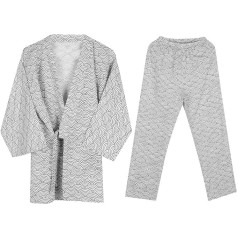 Pyjamas 2-Piece Leisure Suit Women's Dressing Gown Japanese Sleepwear Waves Pattern Kimono Pyjamas V Neck Sleeping Gown Set Sauna Gown Cotton Trousers Bathrobe Men's Nightwear Hotel Home