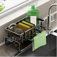 Multifunctional Kitchen Sink Storage Organiser, Black Stainless Steel Sponge Holder, Countertop Cleaning Rack with Removable Tea Towel Hanger, Durable Dish Basket for Kitchen,