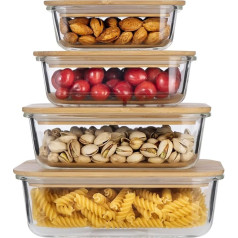 HOCHSTE Glass Food Storage Containers, Bamboo Lids Set of 4 Sizes, Leak-Proof, Airtight, Eco-Friendly, BPA-Free, Oven and Freezer Safe, Premium Glass - Bento Bowls for Meals, Leftovers,