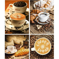 SHEGZHUC 4 Pack Diamond Painting Coffee 30 x 40/30 cm Diamond Painting Coffee Pictures Paint by Numbers Coffee Diamond Painting Pictures Adult Kitchen Diamond Painting Coffee and Bread Mosaic Adults
